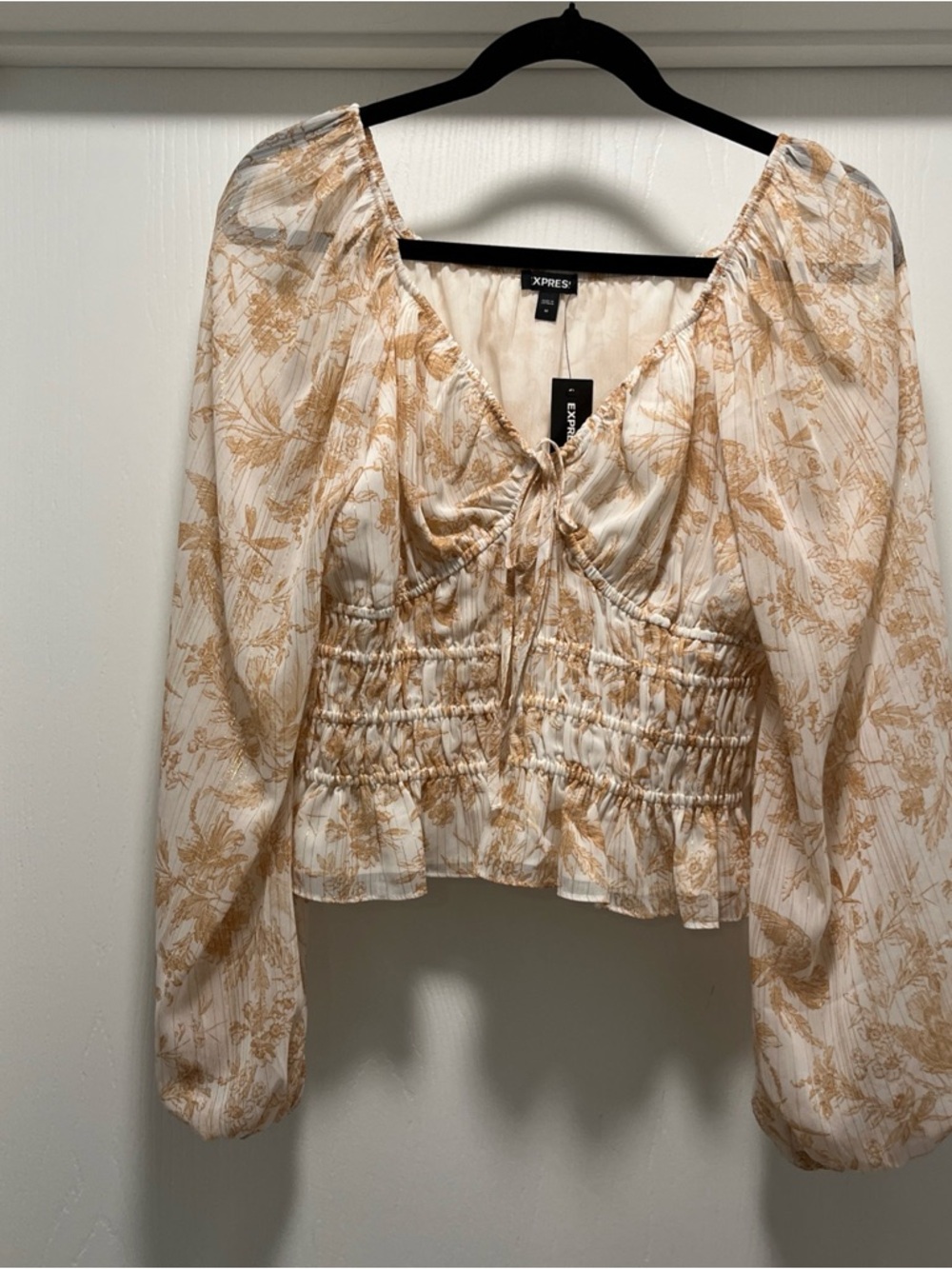 NEW Express Blouse M Chiffon Smocked V Neck Long Puff Sleeve Cropped Rose Gold